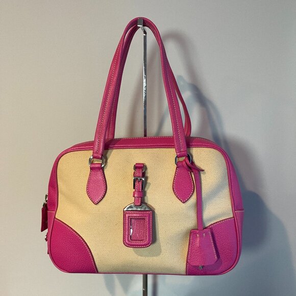 Prada Handbags - Prada Vintage Canapa Canvas and Fuchsia Calf Leather Shoulder Bag - Preowned